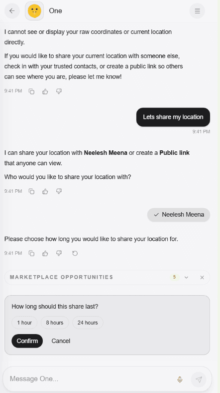 One Assistant gathering the recipient and duration for a location share
