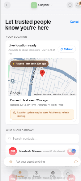 Onepoint recipient selection screen with live location readiness and map context