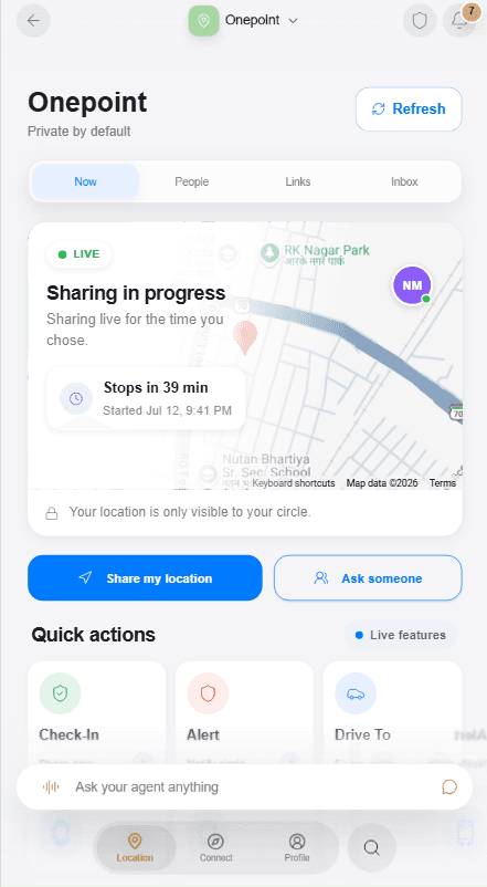 Onepoint Now tab showing a live share, its expiry, map, and sharing controls